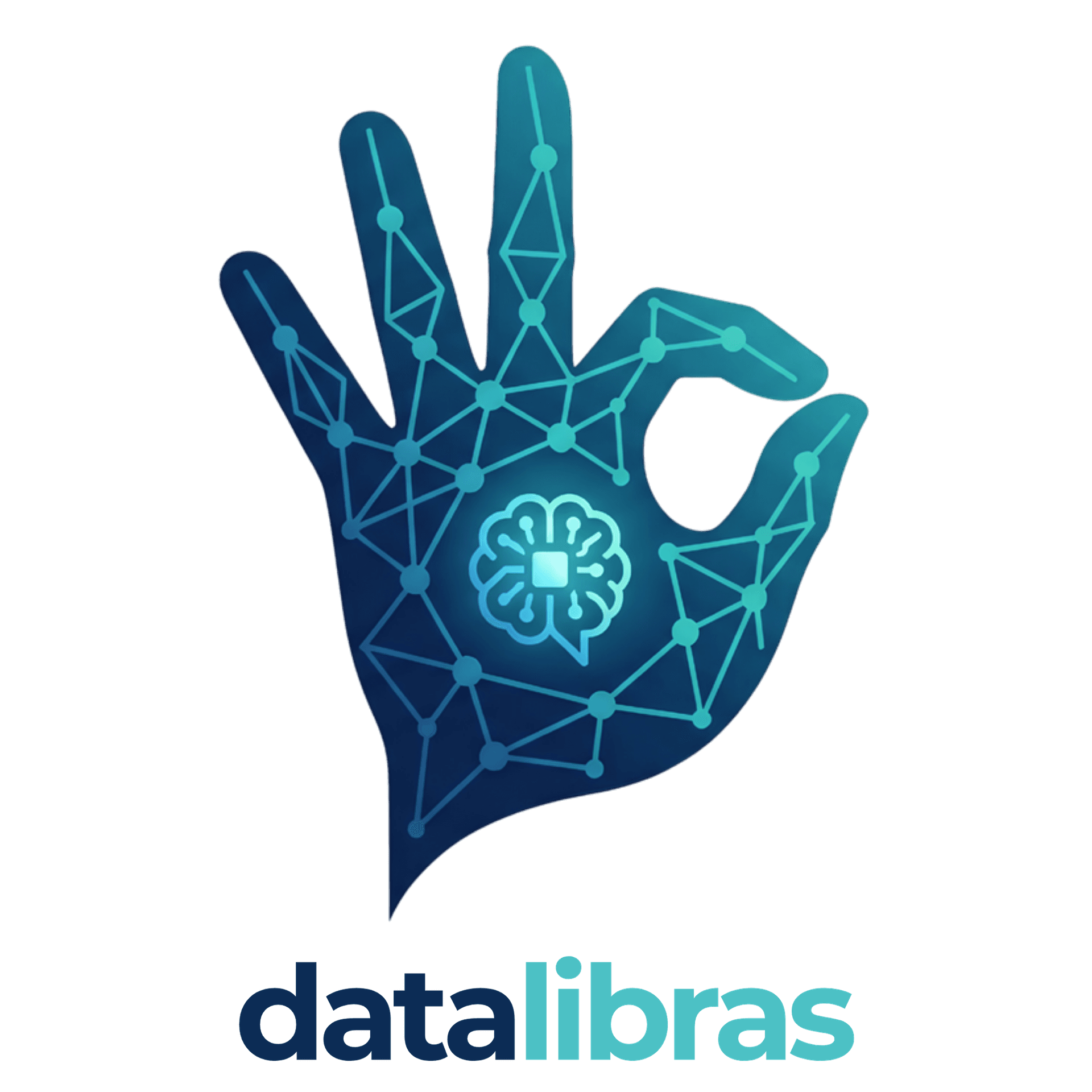 Logo datalibras: mão em Libras com rede de dados e inteligência artificial